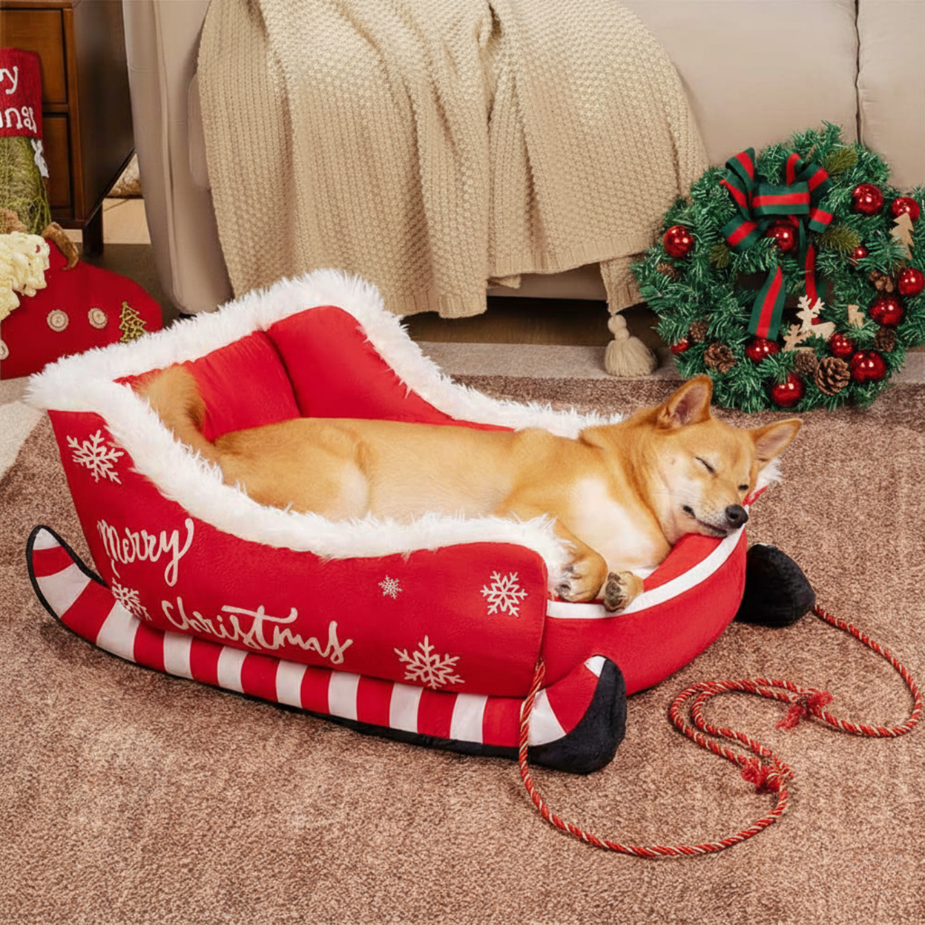 Festive Dog Sleigh Bed